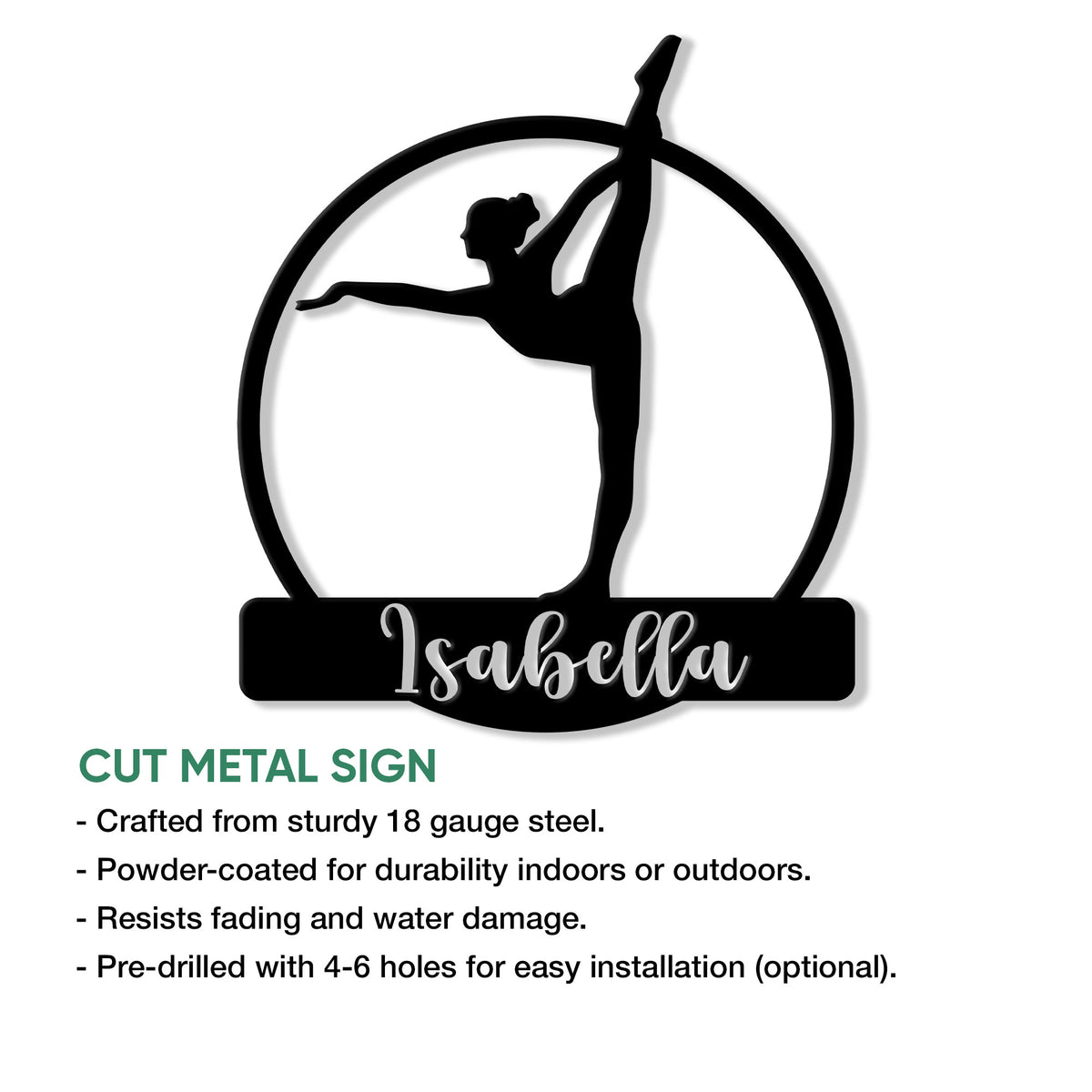 Gymnastics metal sign with circular athlete silhouette and cut steel sign feature details