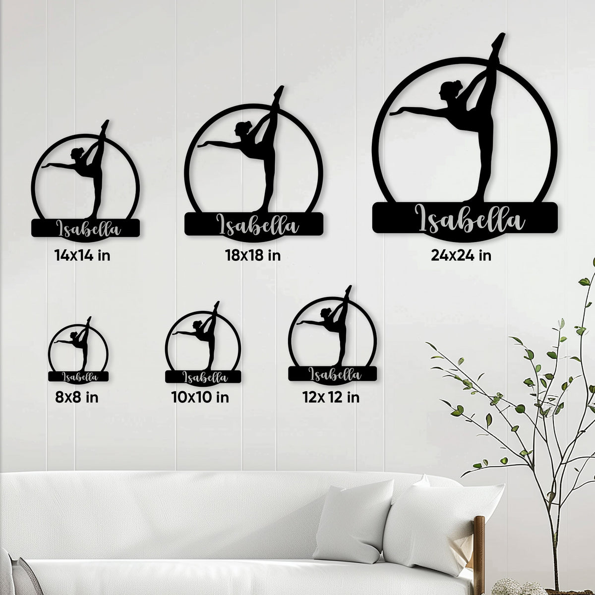 Gymnastics metal sign size guide showing available square dimensions from 8 to 24 inches