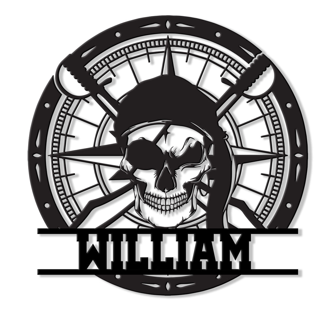 Custom pirate metal sign featuring a skull in a tricorn hat, crossed swords, and a compass design