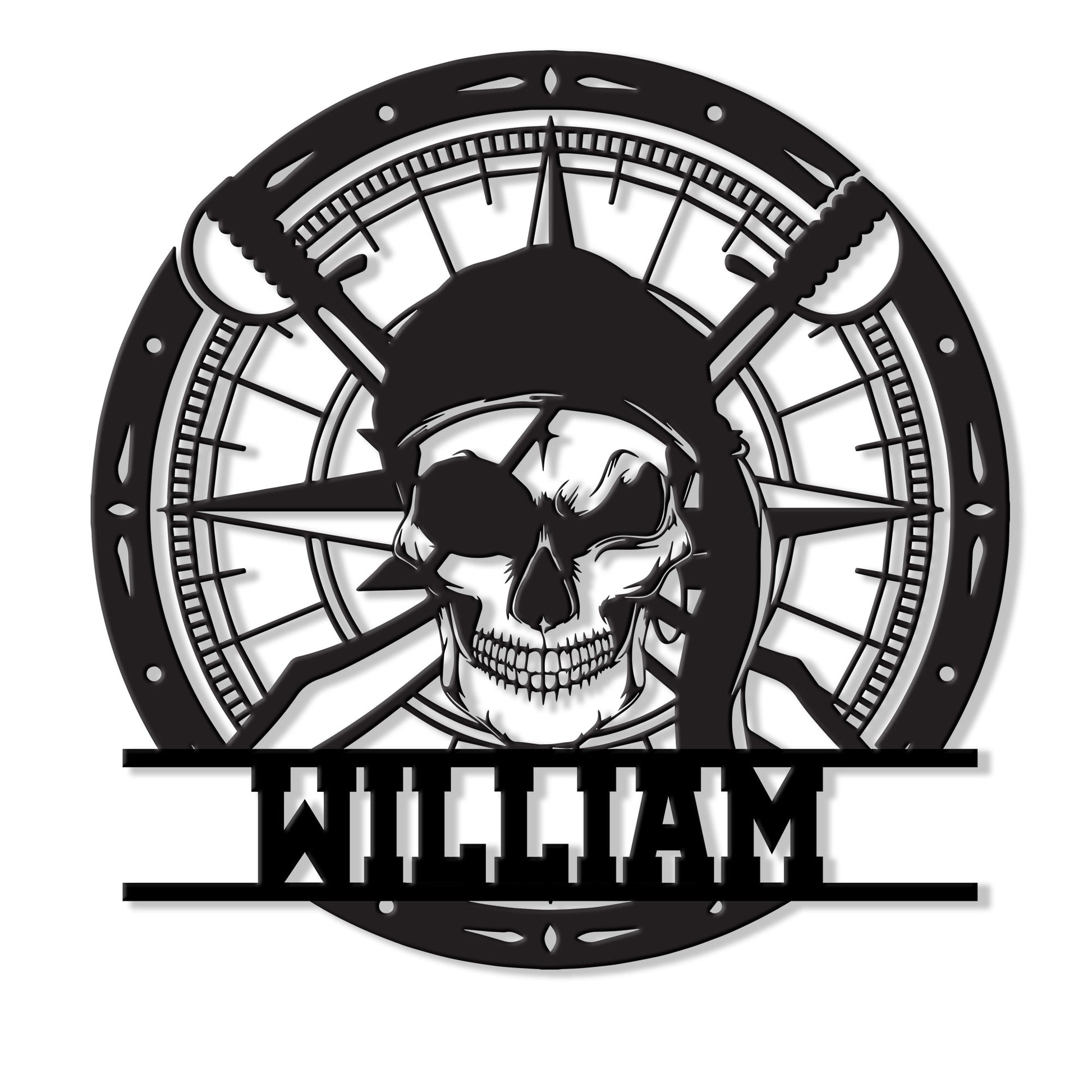 Custom pirate metal sign featuring a skull in a tricorn hat, crossed swords, and a compass design