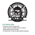 Pirate skull metal sign shown with a cut-metal construction and installation feature details