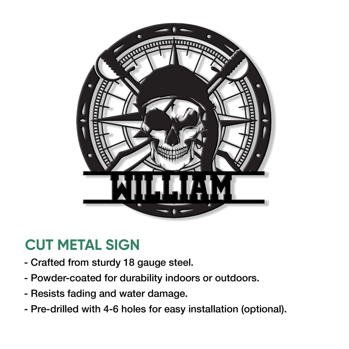 Pirate skull metal sign shown with a cut-metal construction and installation feature details
