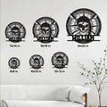 Pirate skull metal sign size guide showing options from 8 by 8 inches to 24 by 24 inches