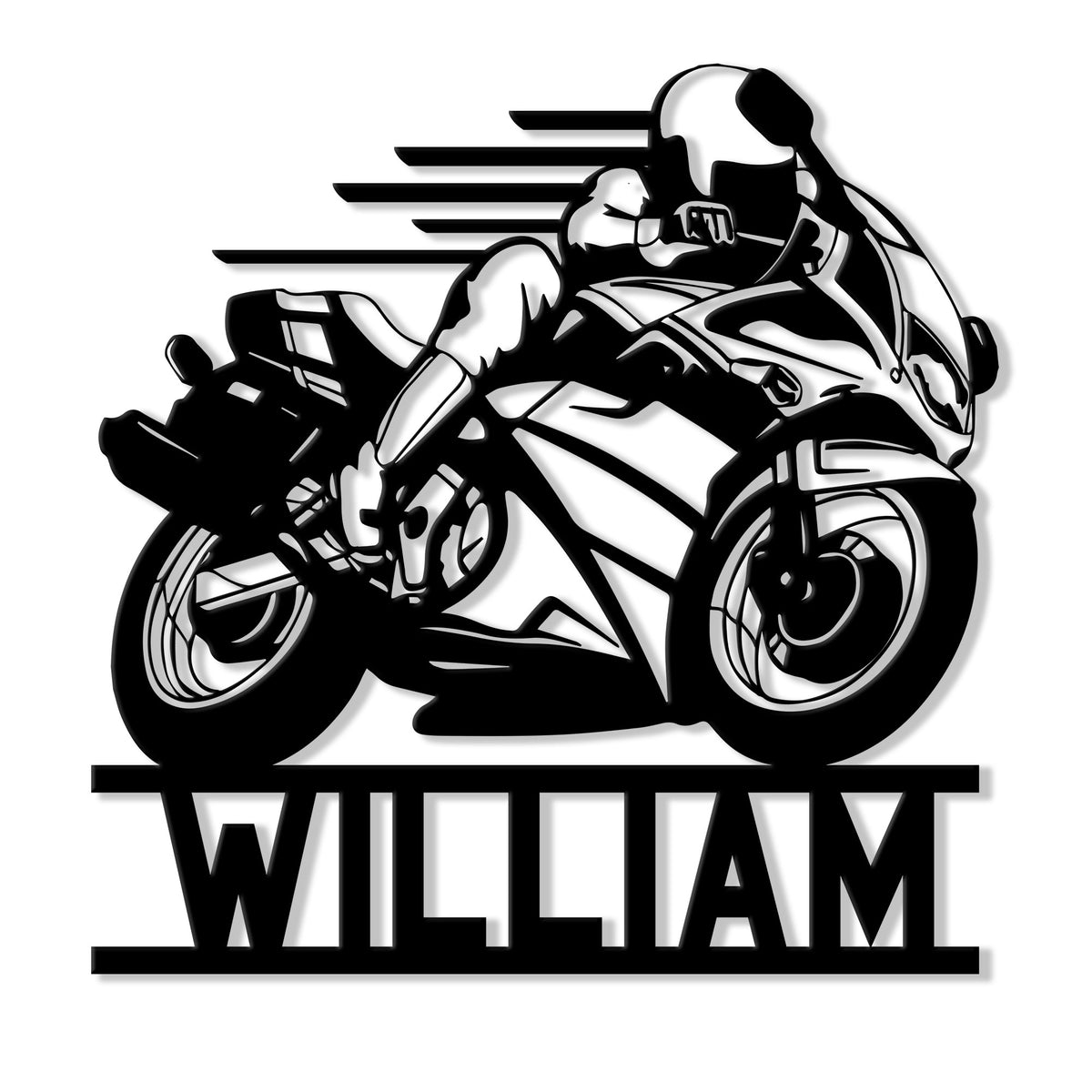 Black metal sign featuring a helmeted rider on a sleek sport motorcycle with bold horizontal speed lines
