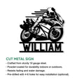 Sportbike rider metal sign shown with cut-metal construction and a bold motorcycle silhouette design