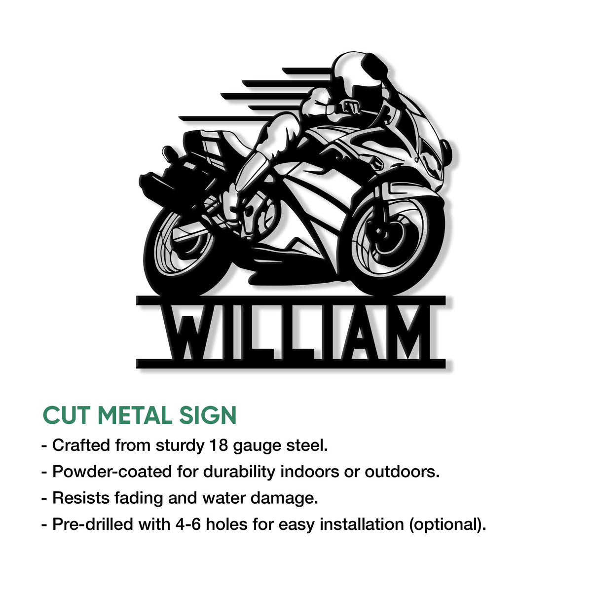 Sportbike rider metal sign shown with cut-metal construction and a bold motorcycle silhouette design