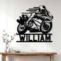 Custom sport motorcycle metal sign displayed as modern wall decor above a rustic console table