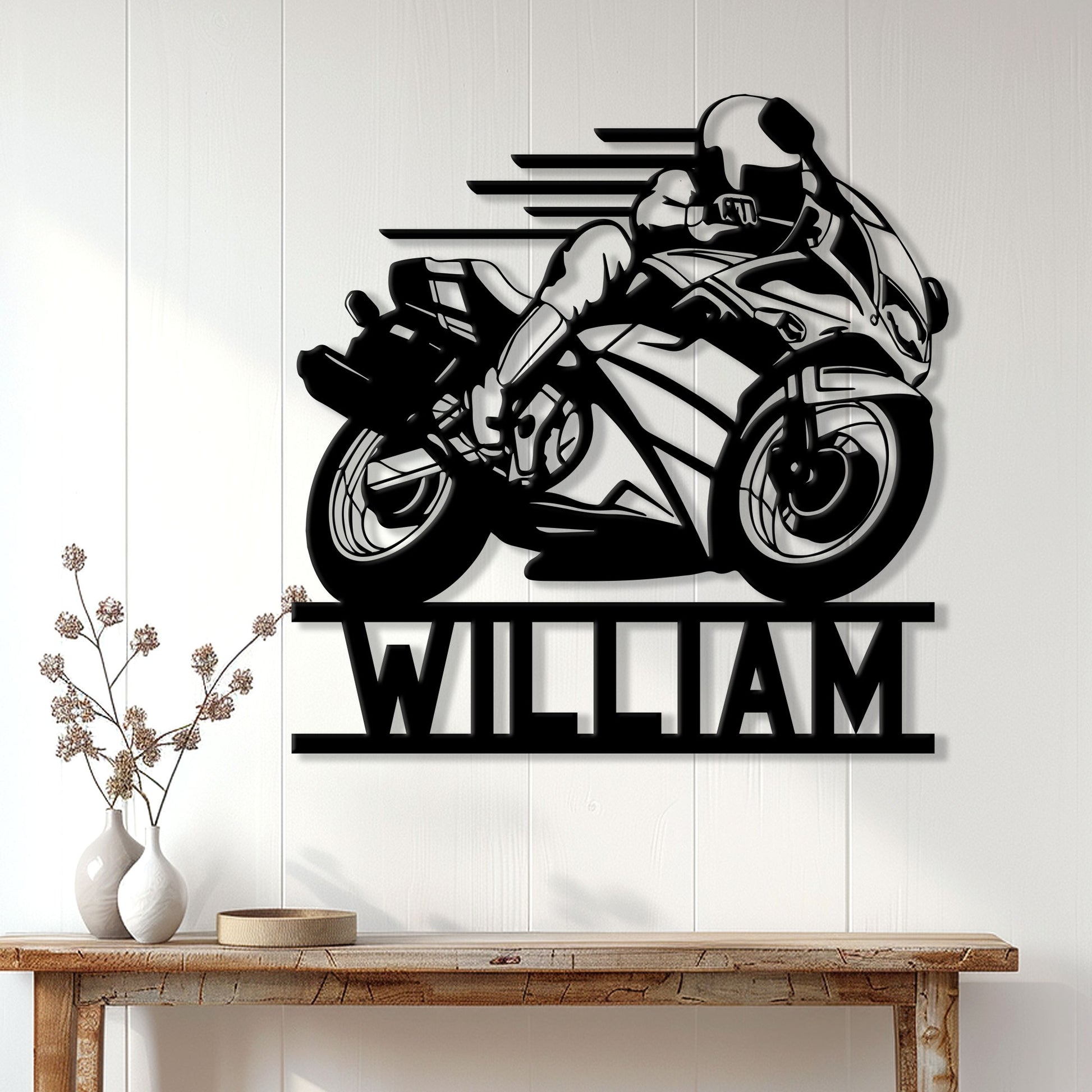 Custom sport motorcycle metal sign displayed as modern wall decor above a rustic console table