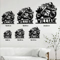 Sportbike metal sign size guide showing multiple available square size options in a living room setting