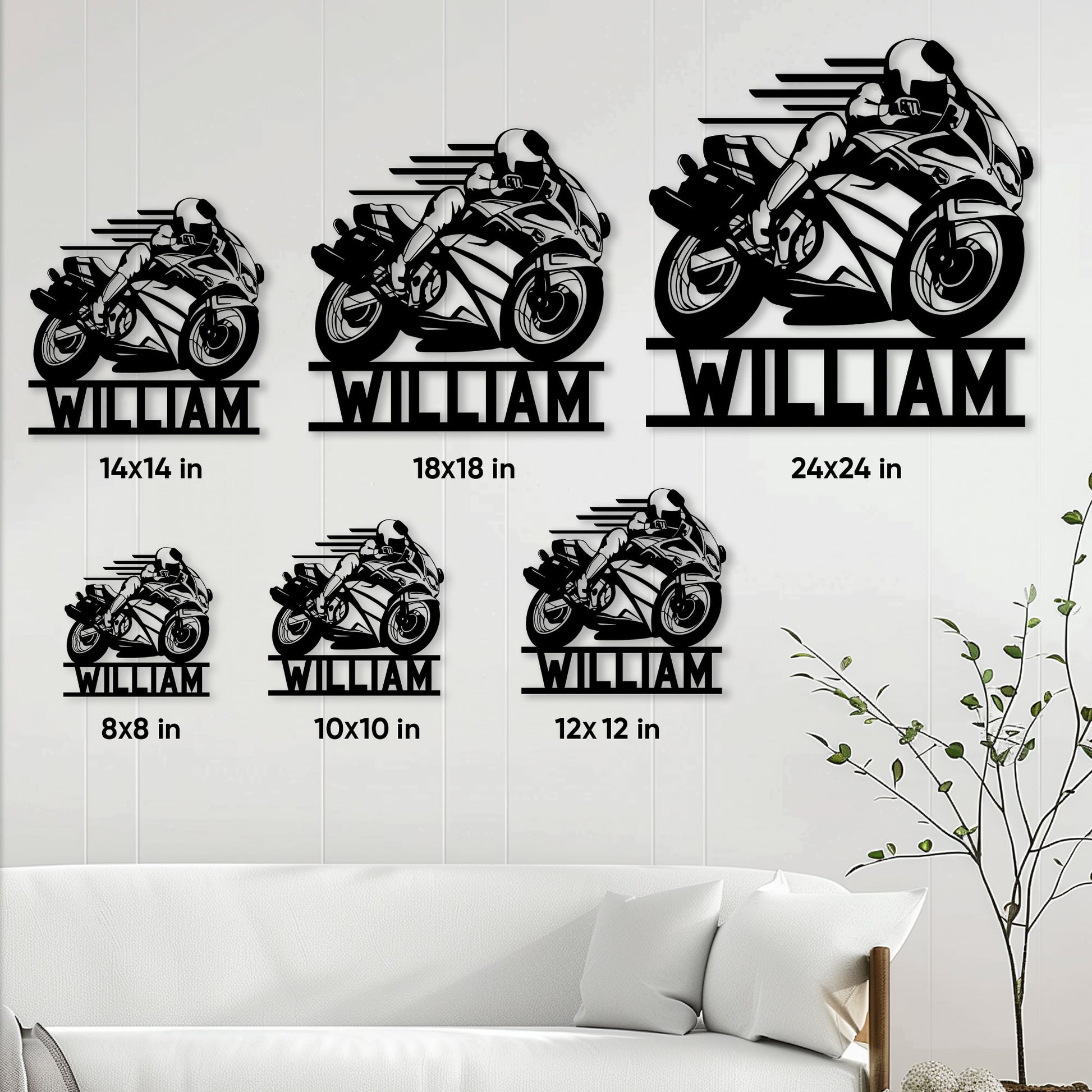 Sportbike metal sign size guide showing multiple available square size options in a living room setting