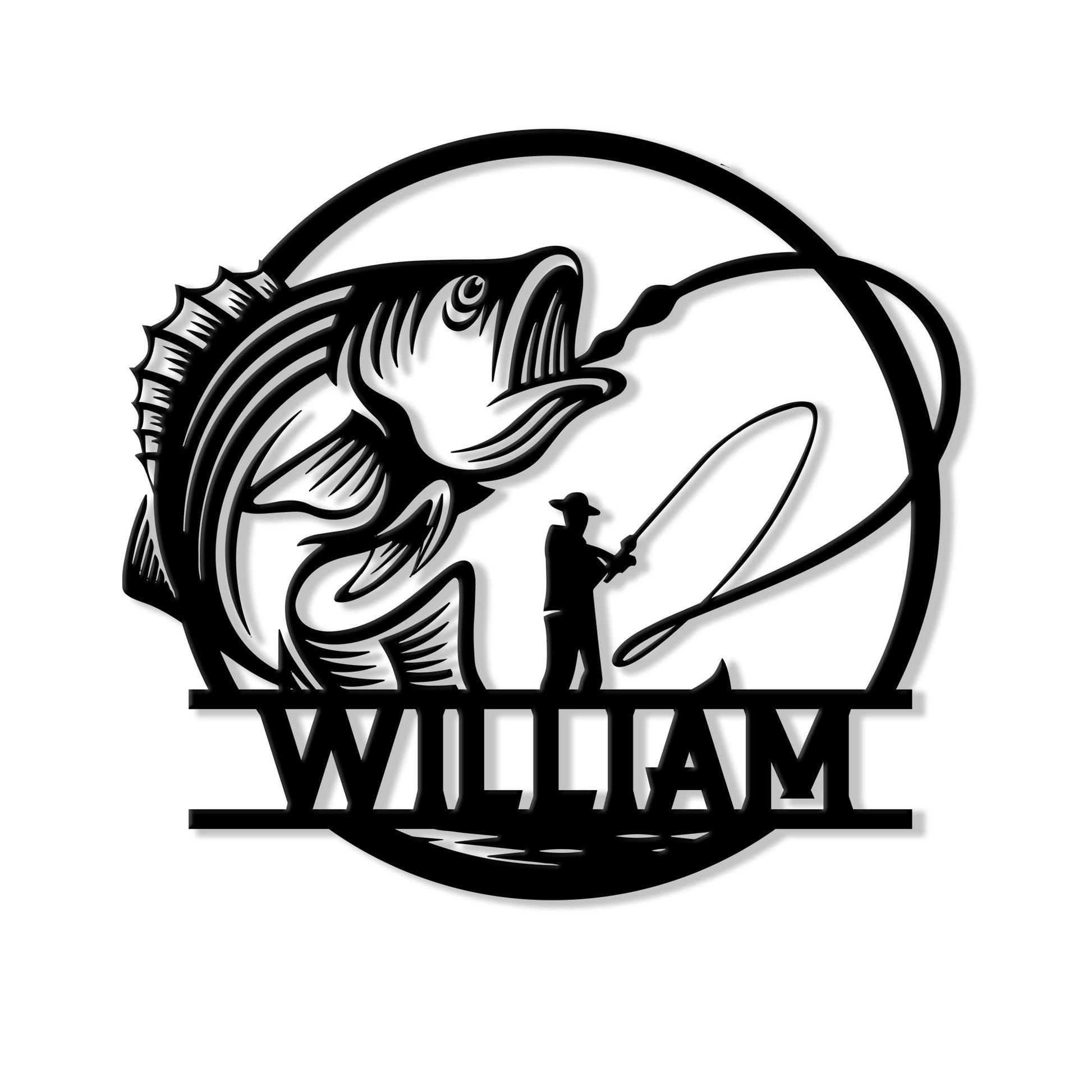 Bass fishing metal sign featuring a leaping fish, angler silhouette, fishing rod, and circular water-inspired design