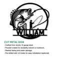 Detailed bass fisherman metal sign shown with a bold cutout design and fishing-themed wall art silhouette
