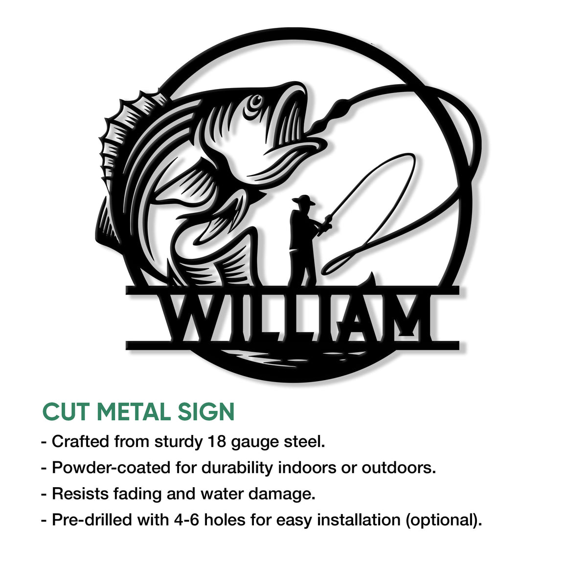 Detailed bass fisherman metal sign shown with a bold cutout design and fishing-themed wall art silhouette