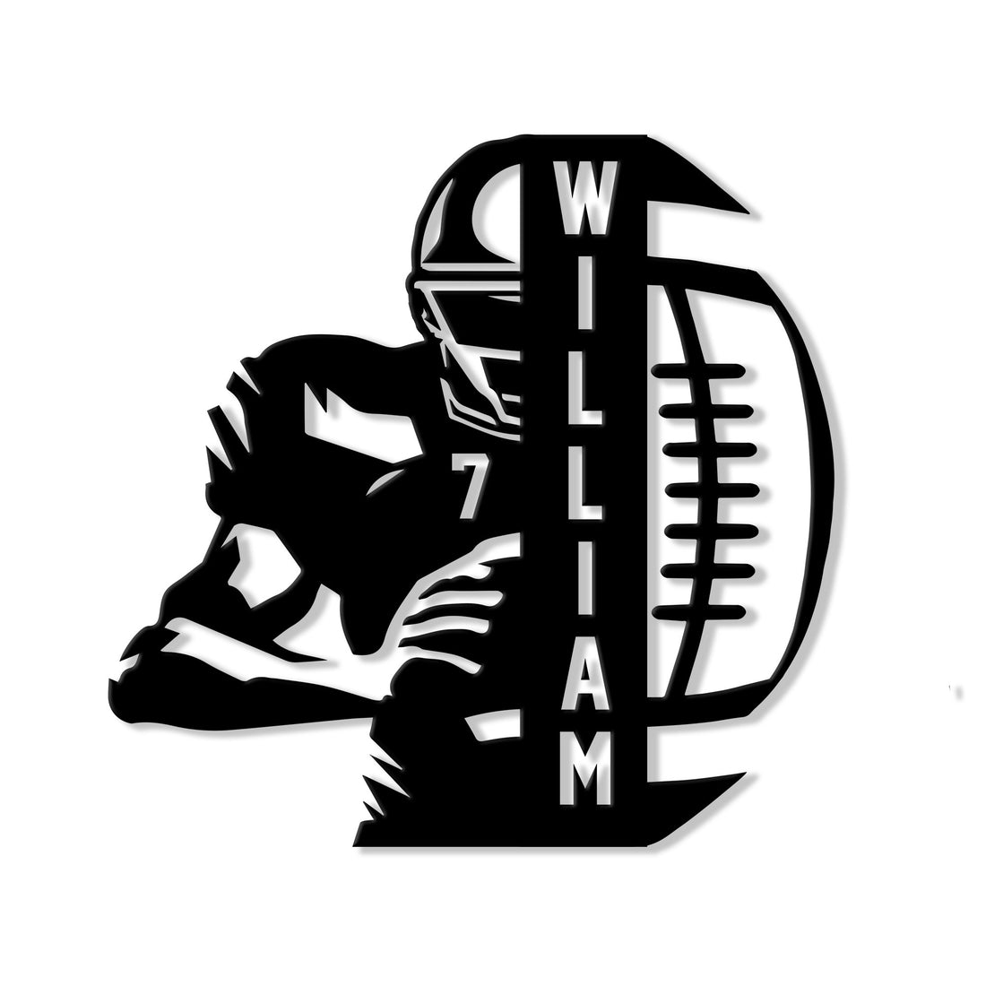 Black football player silhouette holding a football in a bold metal sign design