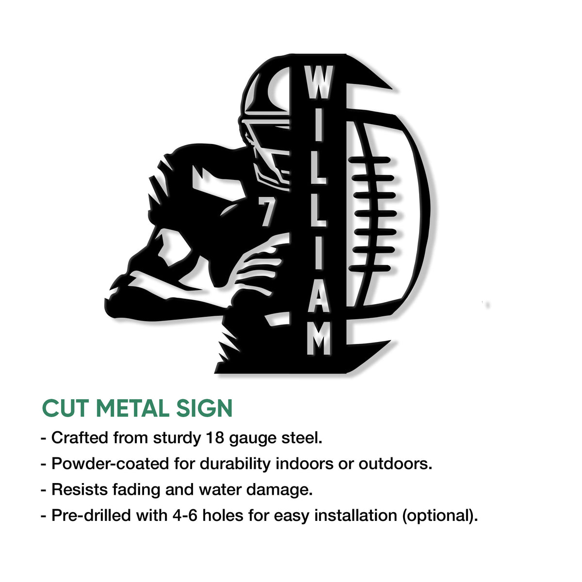 Football metal sign featuring a helmeted player silhouette and classic football shape