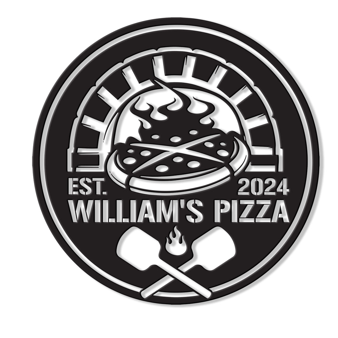 Custom pizza metal sign featuring a wood-fired pizza, oven arch, flames, and crossed pizza peels