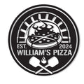 Custom pizza metal sign featuring a wood-fired pizza, oven arch, flames, and crossed pizza peels