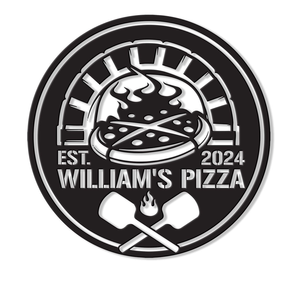 Custom pizza metal sign featuring a wood-fired pizza, oven arch, flames, and crossed pizza peels