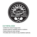 Pizza metal sign product feature showing a round cut-steel design with a flaming pizza and crossed peels