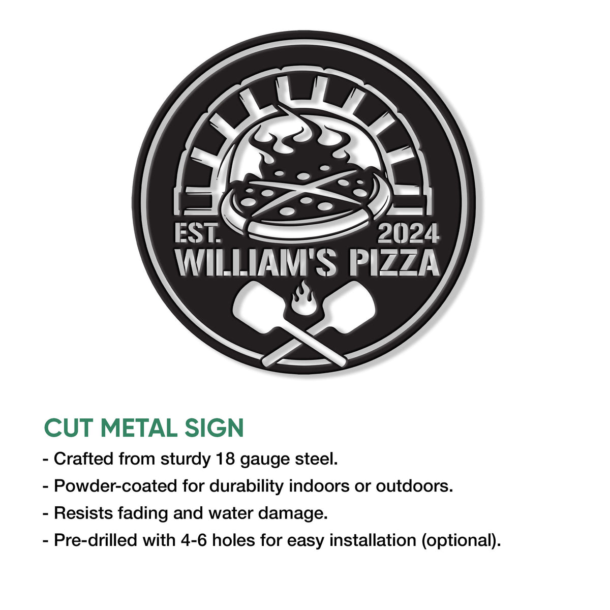 Pizza metal sign product feature showing a round cut-steel design with a flaming pizza and crossed peels