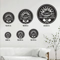 Pizza metal sign size guide showing round sign options from 8 by 8 inches to 24 by 24 inches