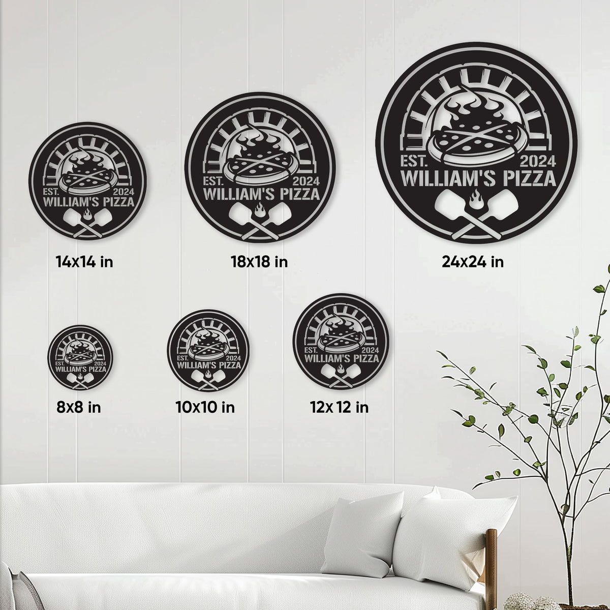 Pizza metal sign size guide showing round sign options from 8 by 8 inches to 24 by 24 inches