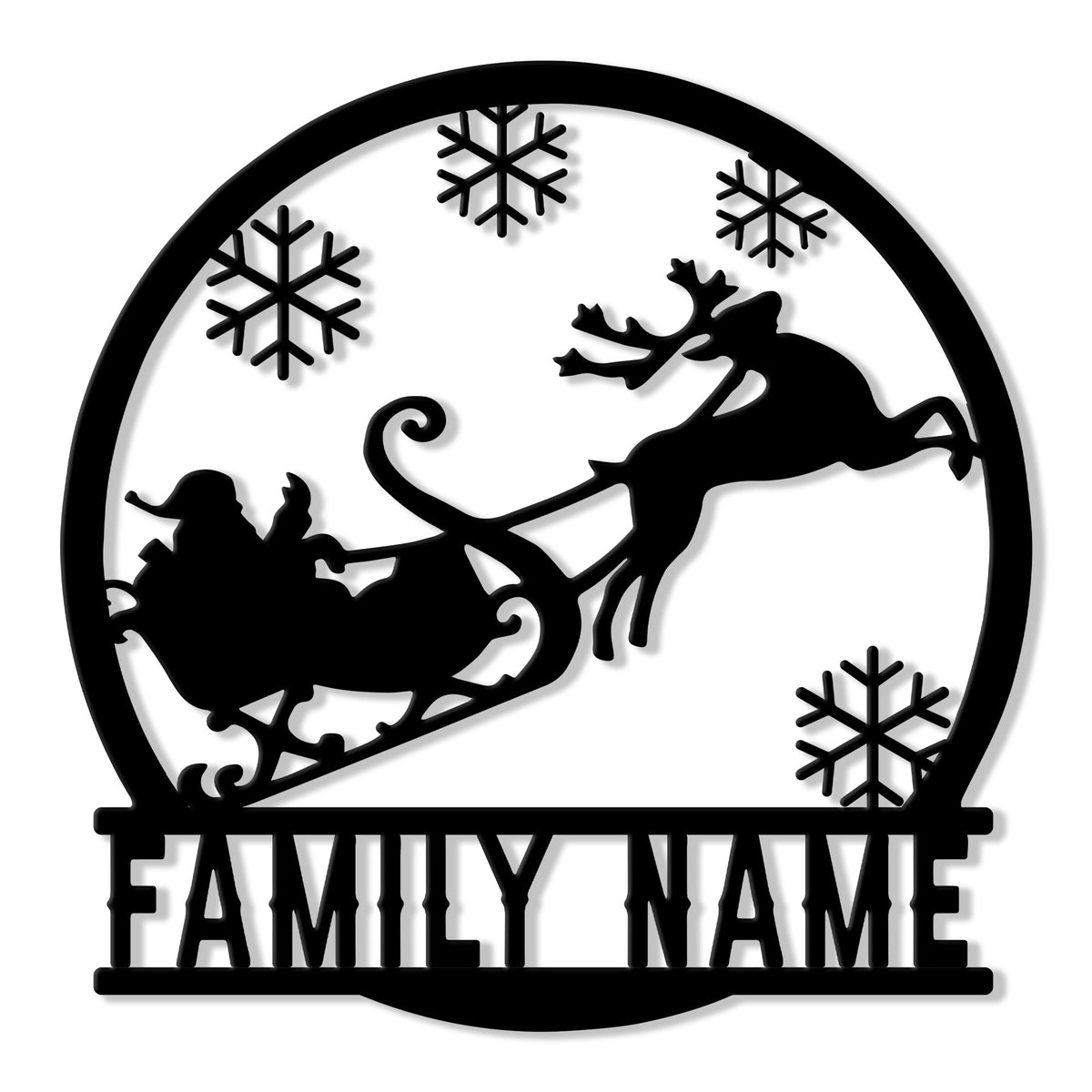 Custom Christmas metal sign featuring Santa in a sleigh pulled by reindeer beneath falling snowflakes