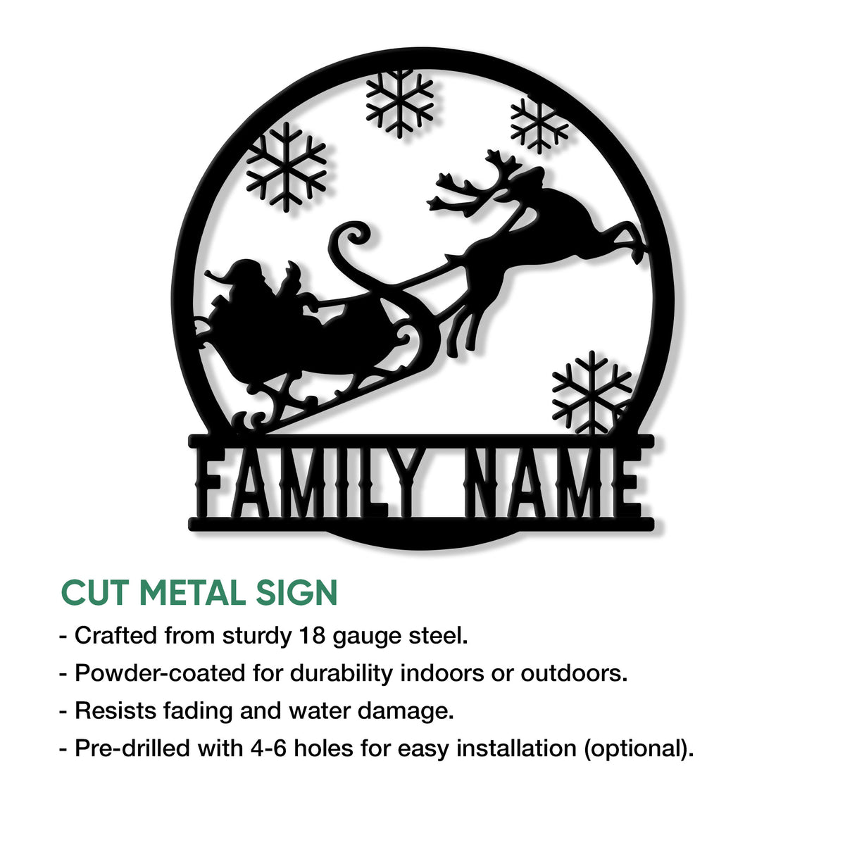 Christmas cut metal sign showing Santa's sleigh design with product features and indoor or outdoor display details