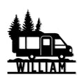 Custom camping metal sign featuring a camper van silhouette beneath a forest of evergreen trees
