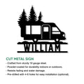 RV camping metal sign shown as a black cut-metal silhouette with evergreen trees and outdoor-ready design details