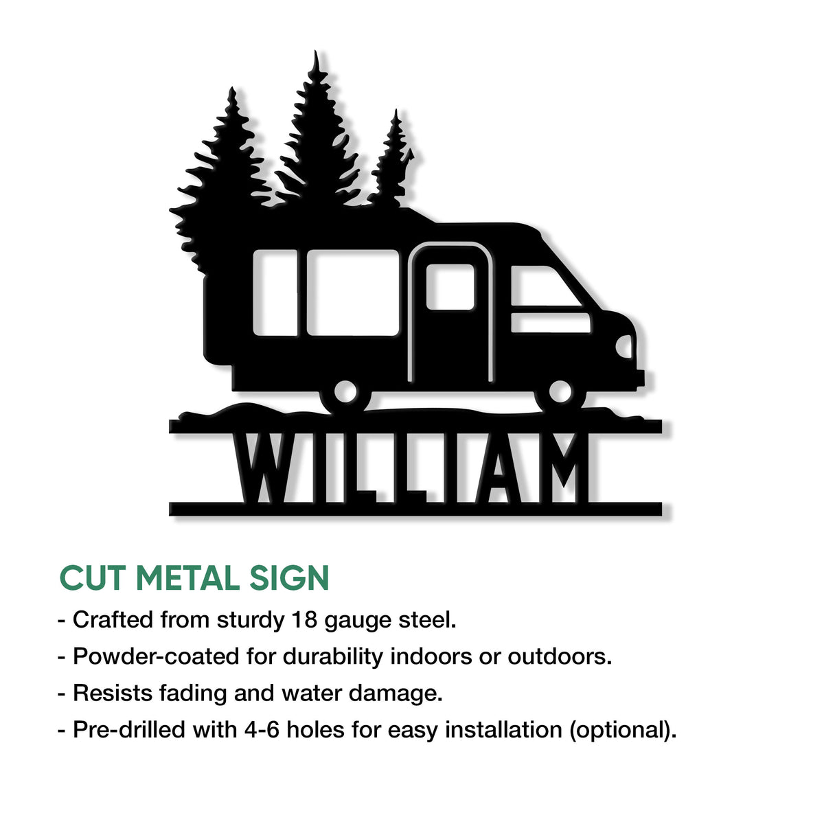 RV camping metal sign shown as a black cut-metal silhouette with evergreen trees and outdoor-ready design details
