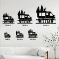 Camping RV metal sign size guide showing multiple square size options displayed on a living room wall
