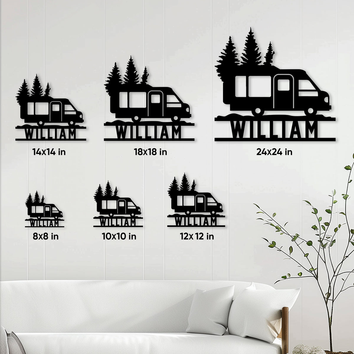 Camping RV metal sign size guide showing multiple square size options displayed on a living room wall