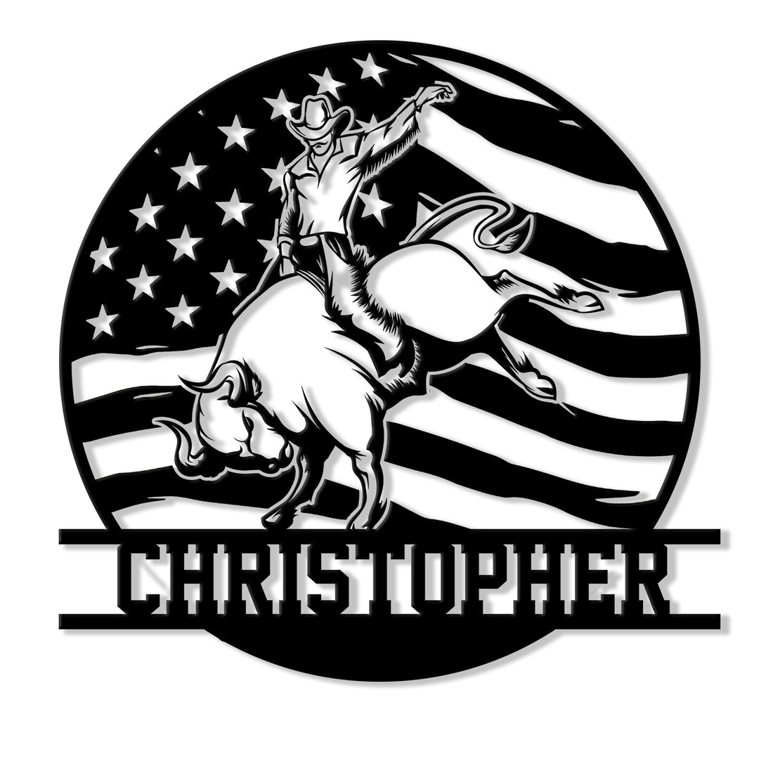 Rodeo metal sign featuring a bull rider on a bucking bull against an American flag-inspired backdrop