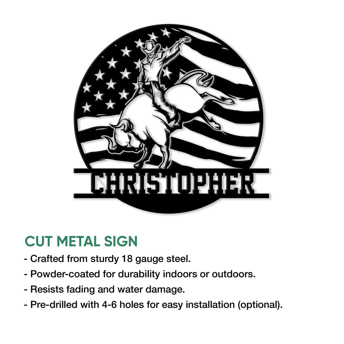 Rodeo bull riding metal sign shown with product feature details and a bold Western design