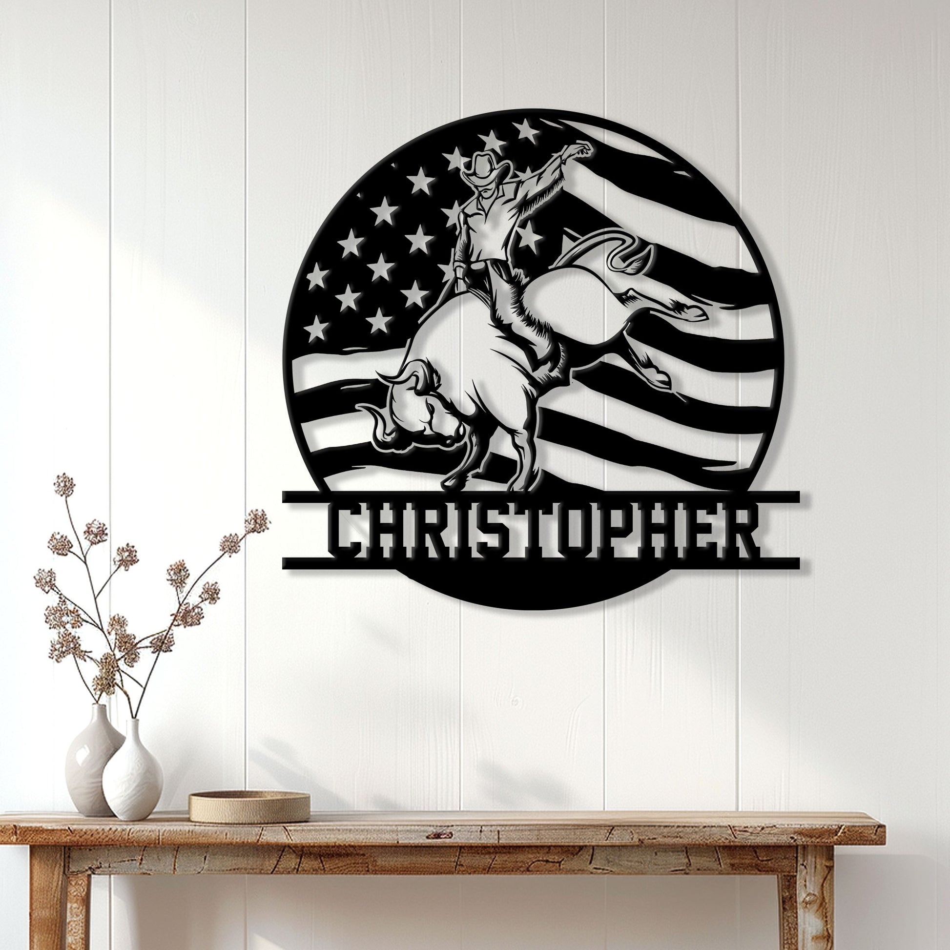 Rodeo wall decor displayed above a console table, featuring a cowboy riding a bucking bull