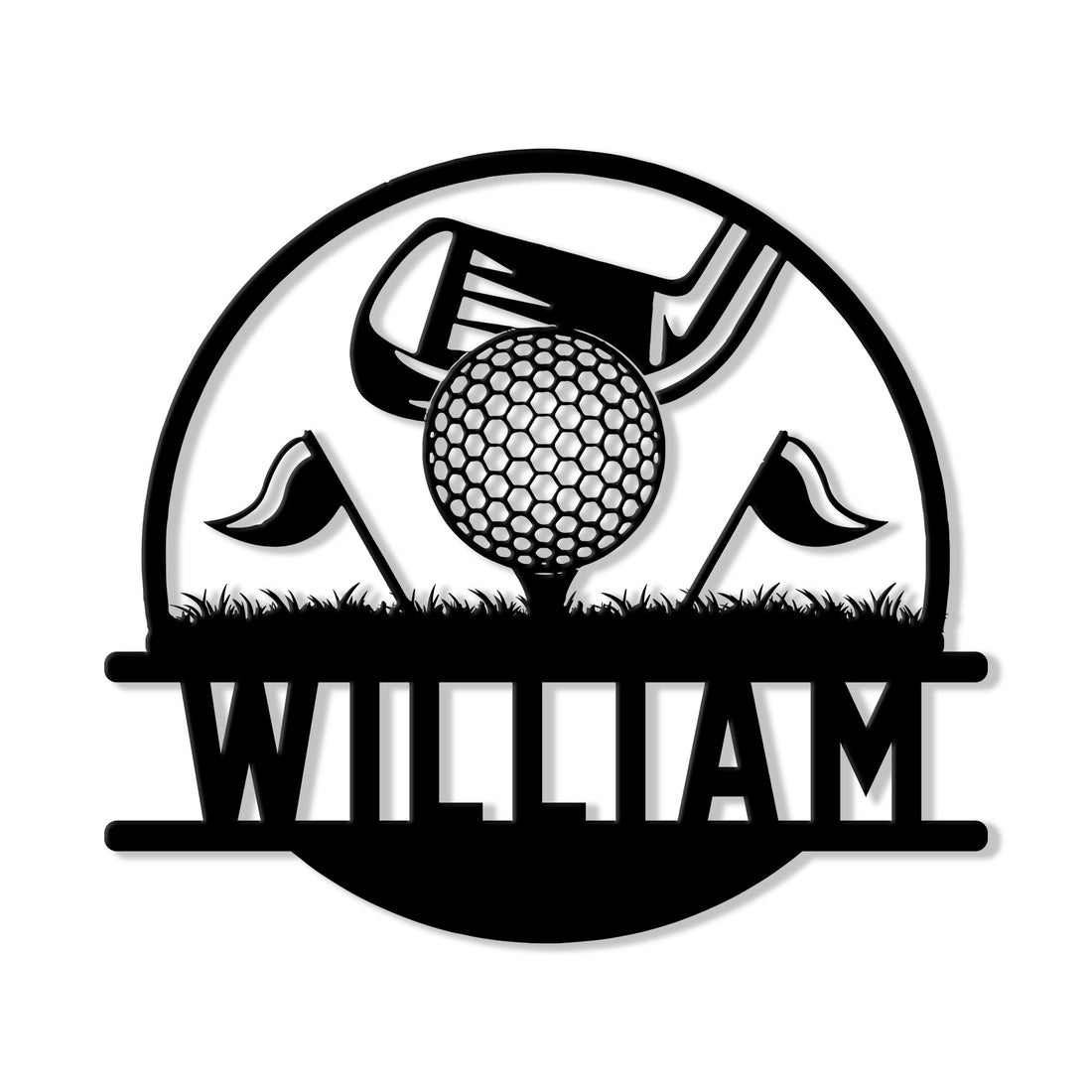 Custom golf metal sign featuring a golf ball, club, crossed flags, and a bold green-inspired silhouette