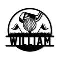 Custom golf metal sign featuring a golf ball, club, crossed flags, and a bold green-inspired silhouette