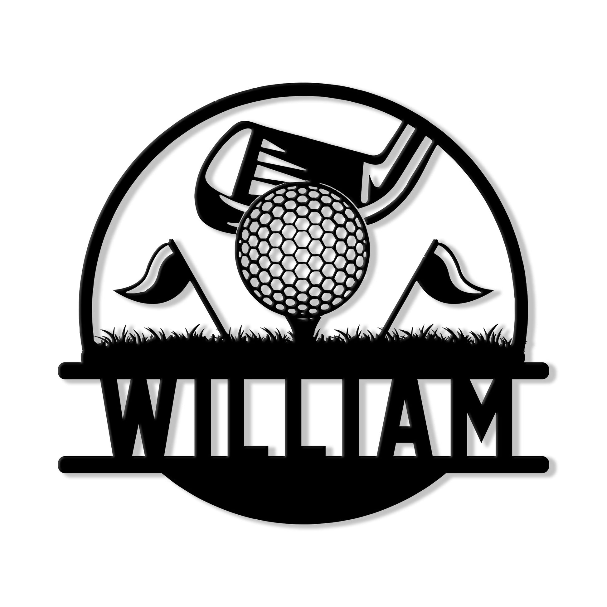 Custom golf metal sign featuring a golf ball, club, crossed flags, and a bold green-inspired silhouette