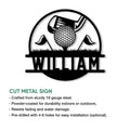 Golf metal sign artwork with a central golf ball, club, flags, and grassy course detail