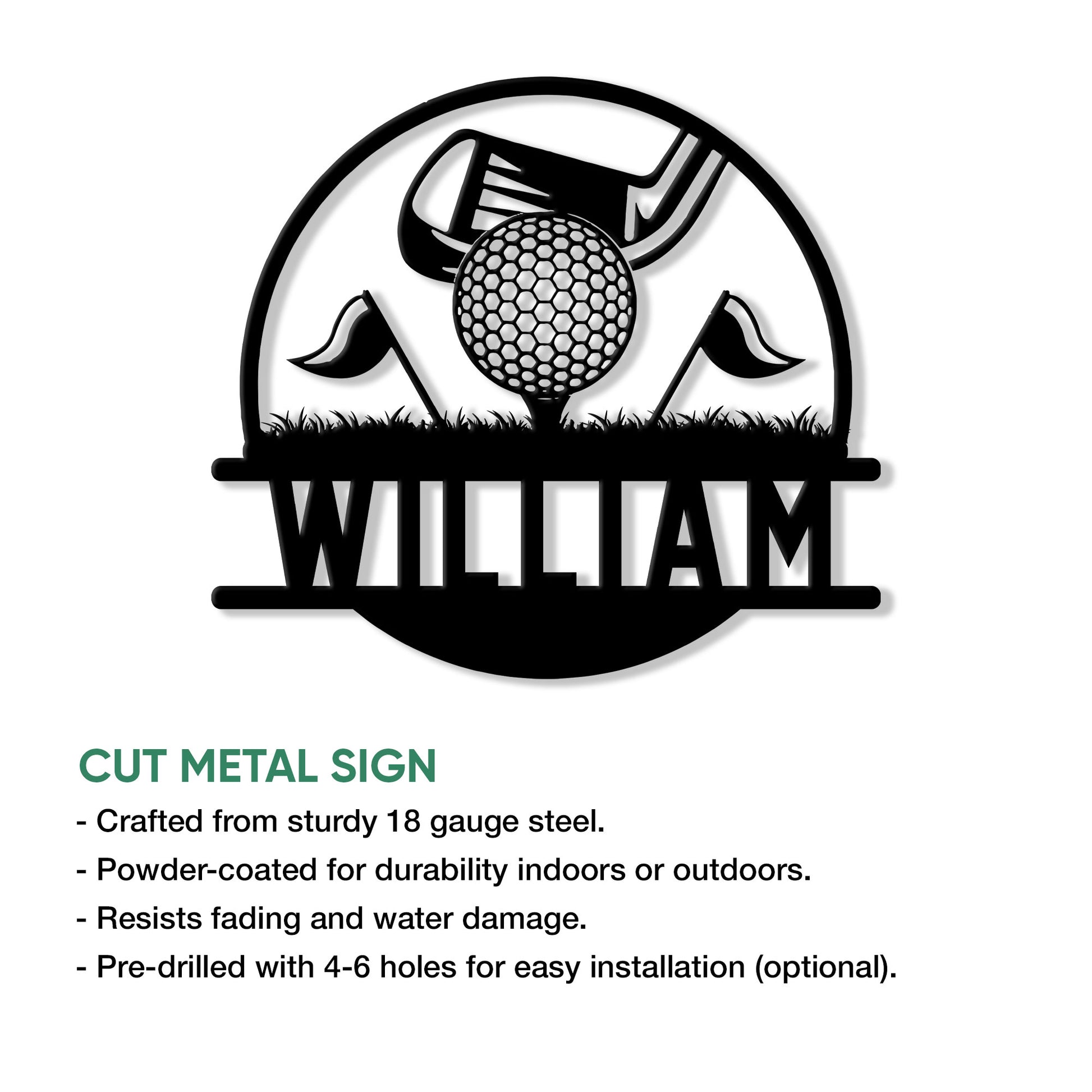 Golf metal sign artwork with a central golf ball, club, flags, and grassy course detail