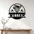 Golf wall sign displayed above a console table in a bright home interior