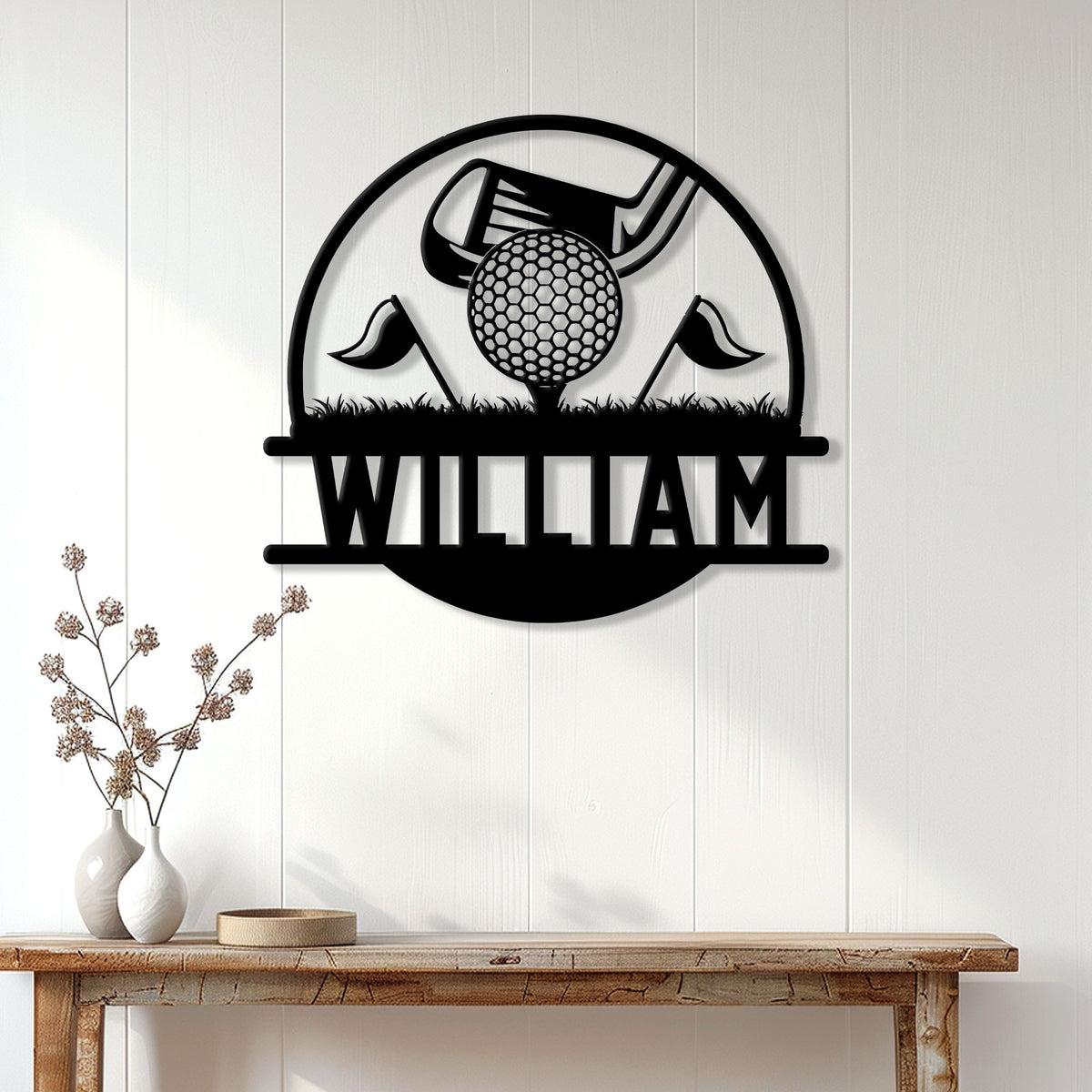 Golf wall sign displayed above a console table in a bright home interior