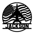 Custom pilot metal sign featuring an airplane silhouette over a stylized American flag