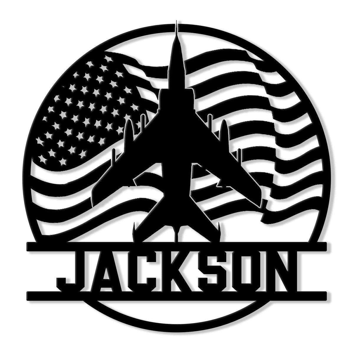 Custom pilot metal sign featuring an airplane silhouette over a stylized American flag