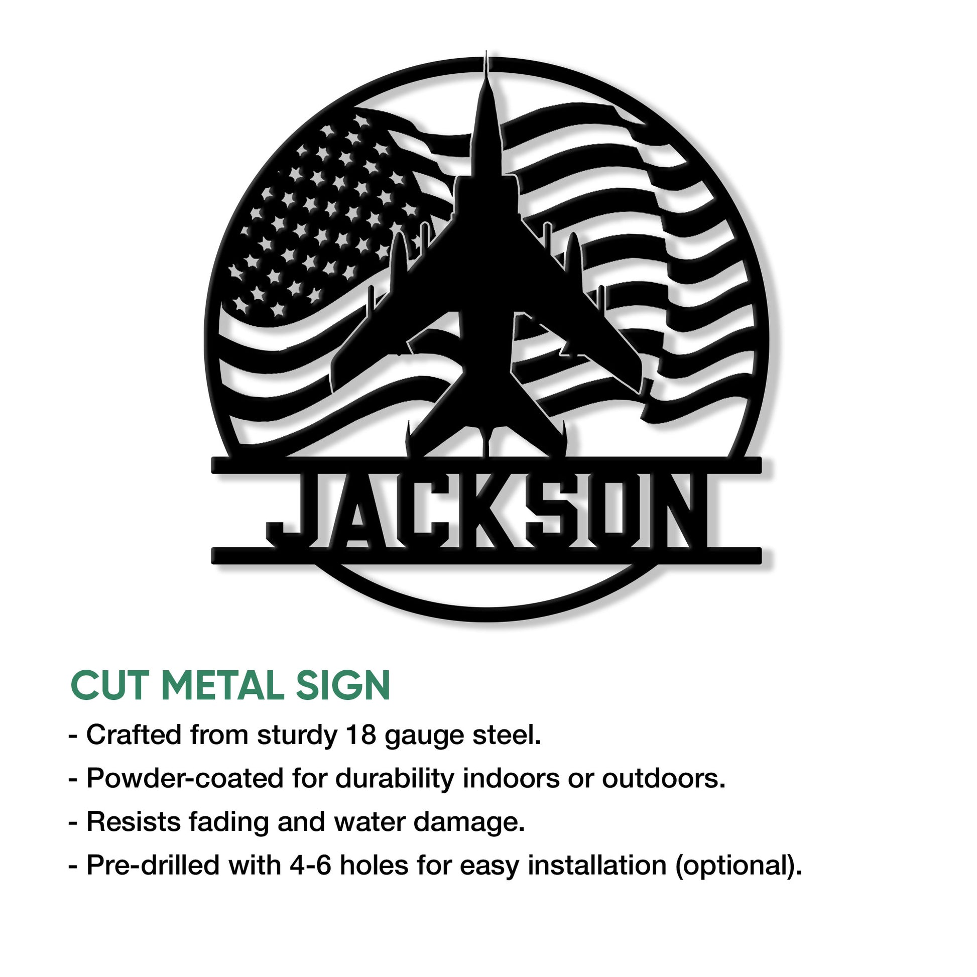 Pilot metal sign with airplane silhouette and American flag design shown as a cut metal wall accent