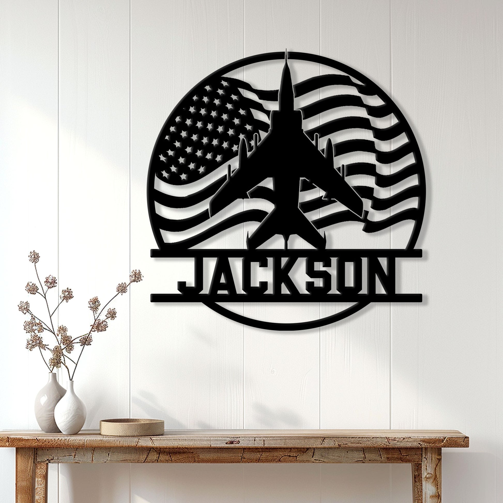 American flag airplane metal sign displayed on a bright paneled wall above a console table