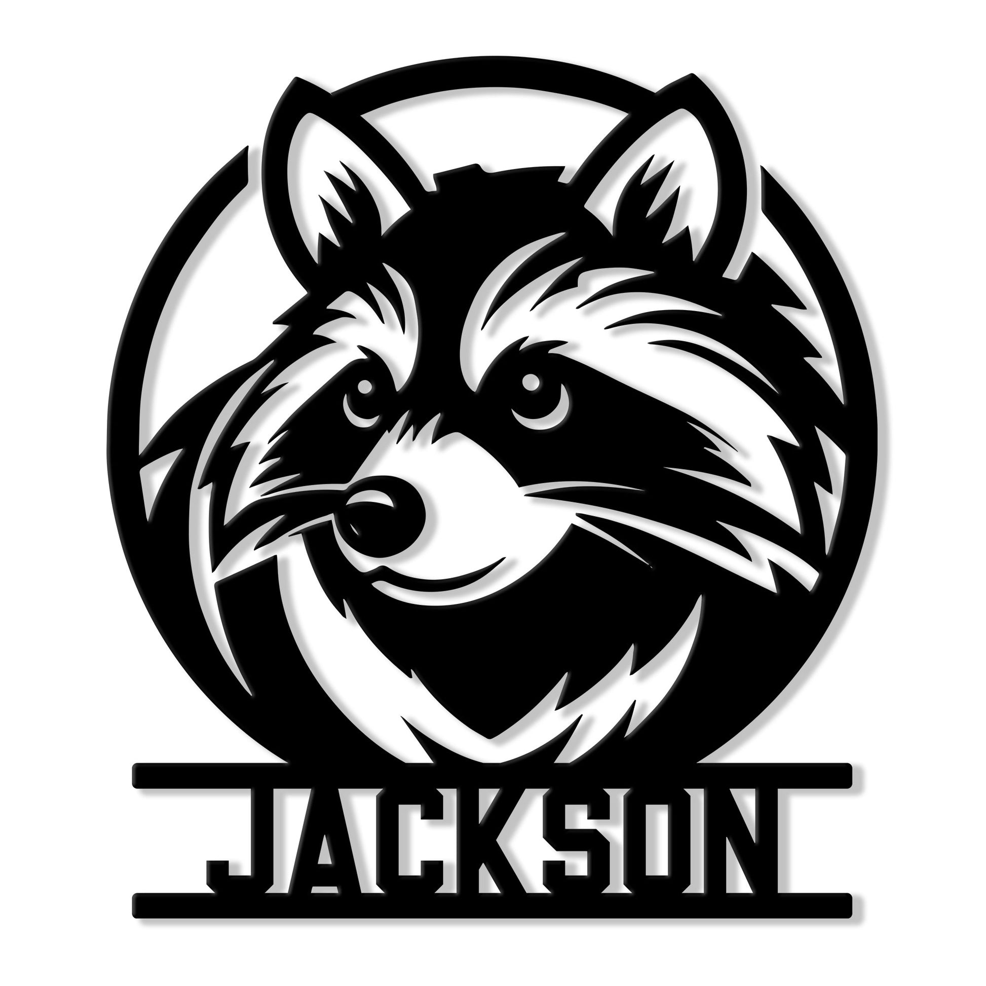 Custom raccoon metal sign featuring a bold black-and-white woodland animal portrait and lettering base