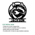 Raccoon cut metal sign feature graphic showing the portrait design and available mounting options
