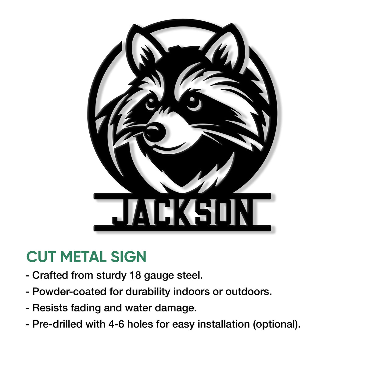 Raccoon cut metal sign feature graphic showing the portrait design and available mounting options
